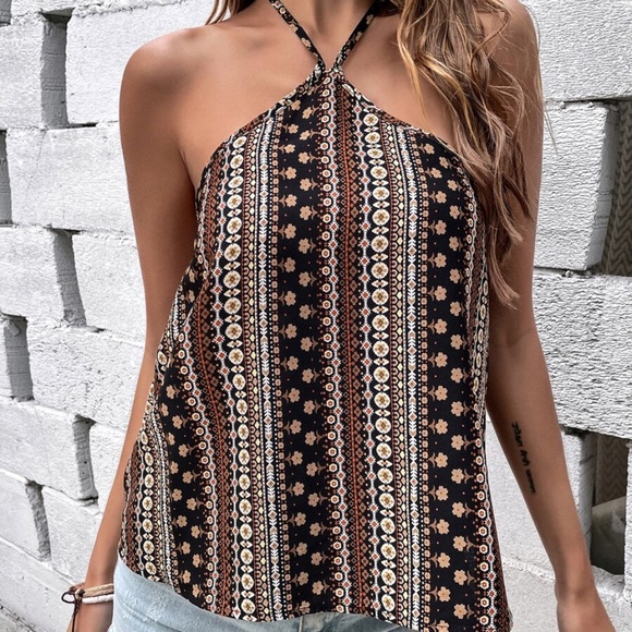 Boho Floral print Halter Tank Top - Picture 3 of 6